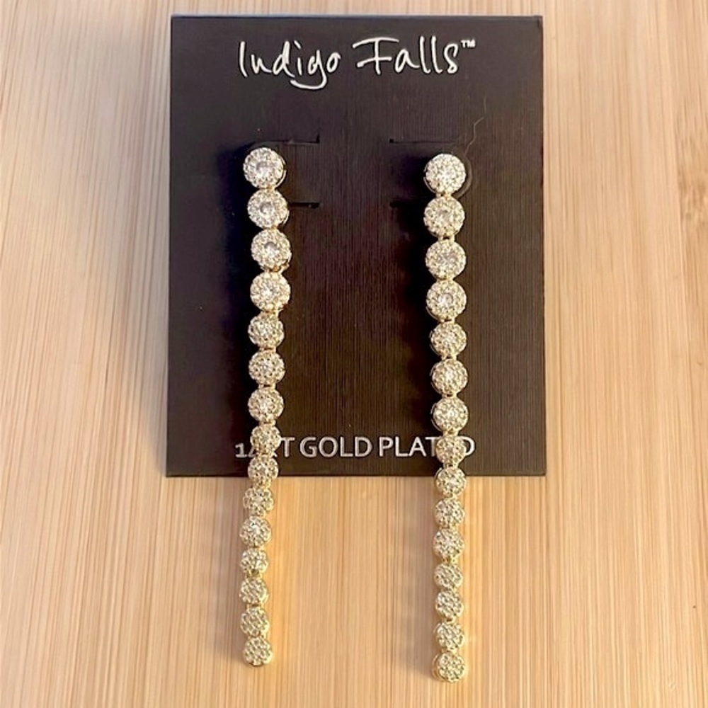 Brand New Indigo Falls 14Kt Gold Plated Round Pendant Tapered Drop Earrings